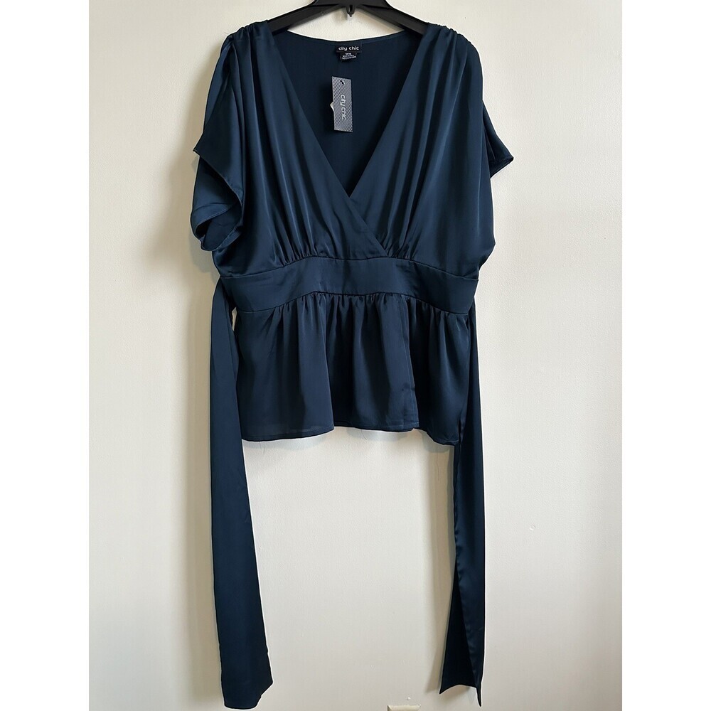 City Chic Women's Silk Faux Wrap Blouse In Blue Plus Size 18 M $99